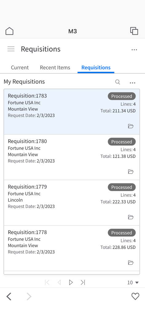 Infor Go - Infor Go mobile app screen showing a list of processed business requisitions with transaction details and total amounts in USD