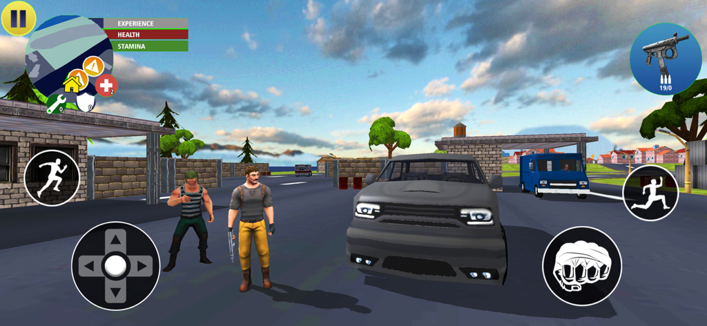A gameplay screenshot showing two character models standing next to a gray sports car in an open world environment with on screen controls