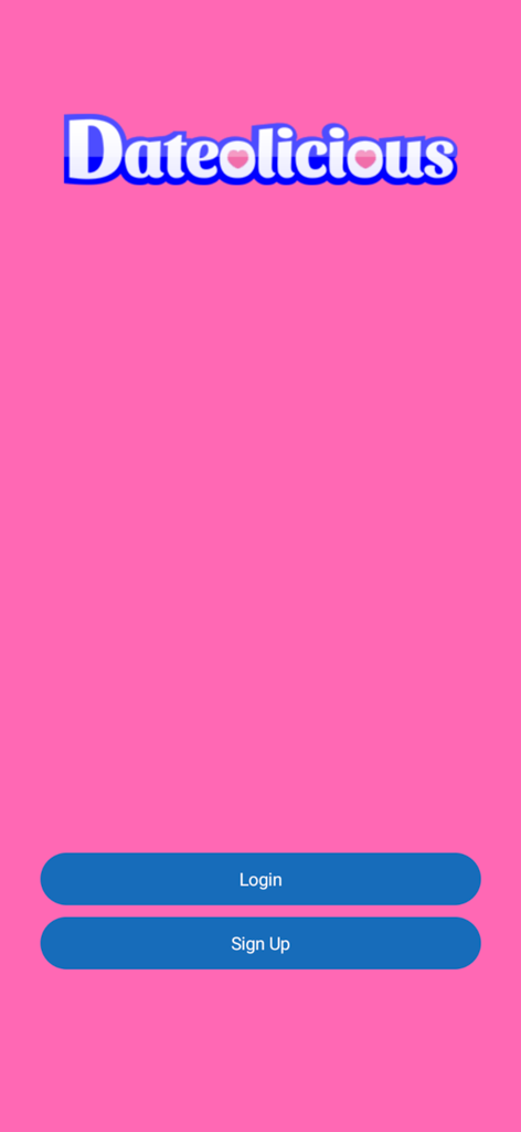 Dateolicious dating app welcome screen with pink background, white logo, and blue login and sign up buttons