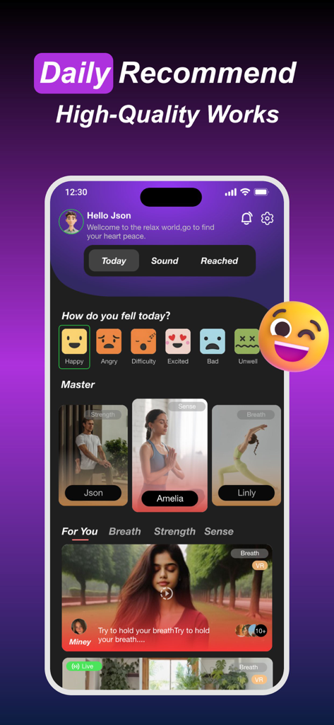 Uka - Adult Sport，Girl Chat - Mobile interface of Uka app showing daily wellness recommendations and a mood tracking feature.
