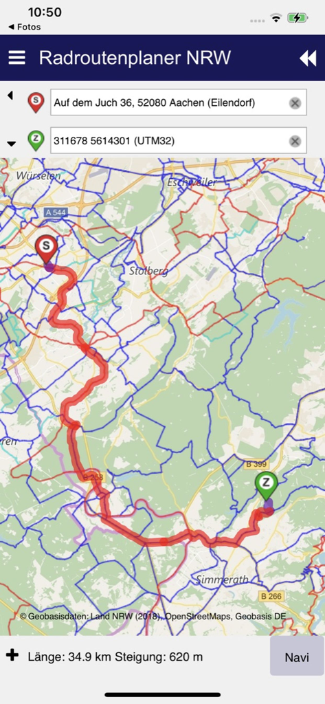 Radroutenplaner NRW mobil - Affichage de la carte d'un itinéraire cyclable planifié en Rhénanie du Nord-Westphalie avec des détails sur la distance et l'élévation