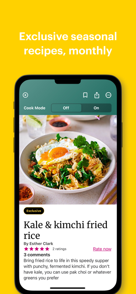 Good Food: Recipe Finder - Good Food app interface displaying a kale and kimchi fried rice recipe with cook mode feature