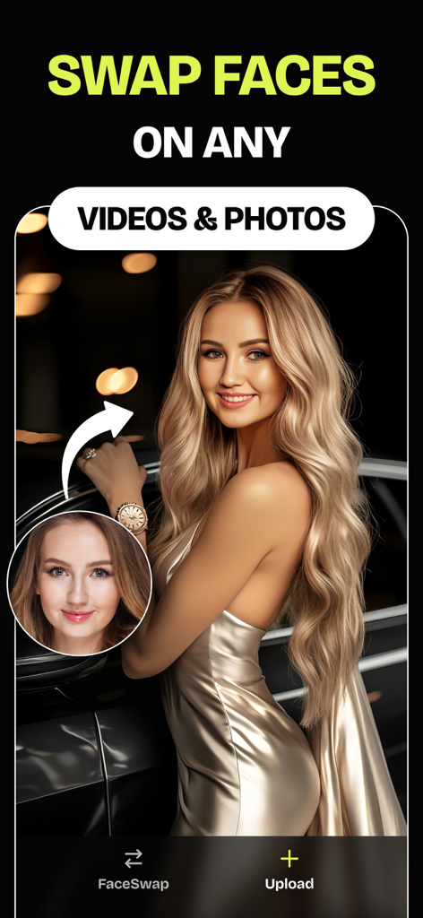 FaceSwap Studio: Video + Photo - Face swap app interface showing a realistic AI face replacement on a high-fashion photo template.