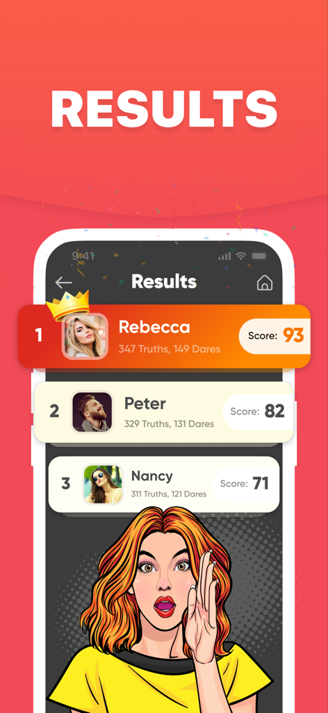 Truth or Dare Teen Party Games - Leaderboard showing player rankings and scores in the Truth or Dare party game app