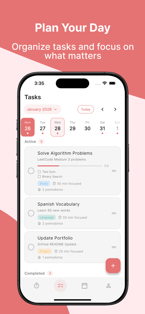 Pomolings - Pomodoro Timer - Interfaz de una aplicación móvil de Pomolings que muestra un organizador de tareas diario con subtareas y estadísticas de seguimiento del tiempo de enfoque.