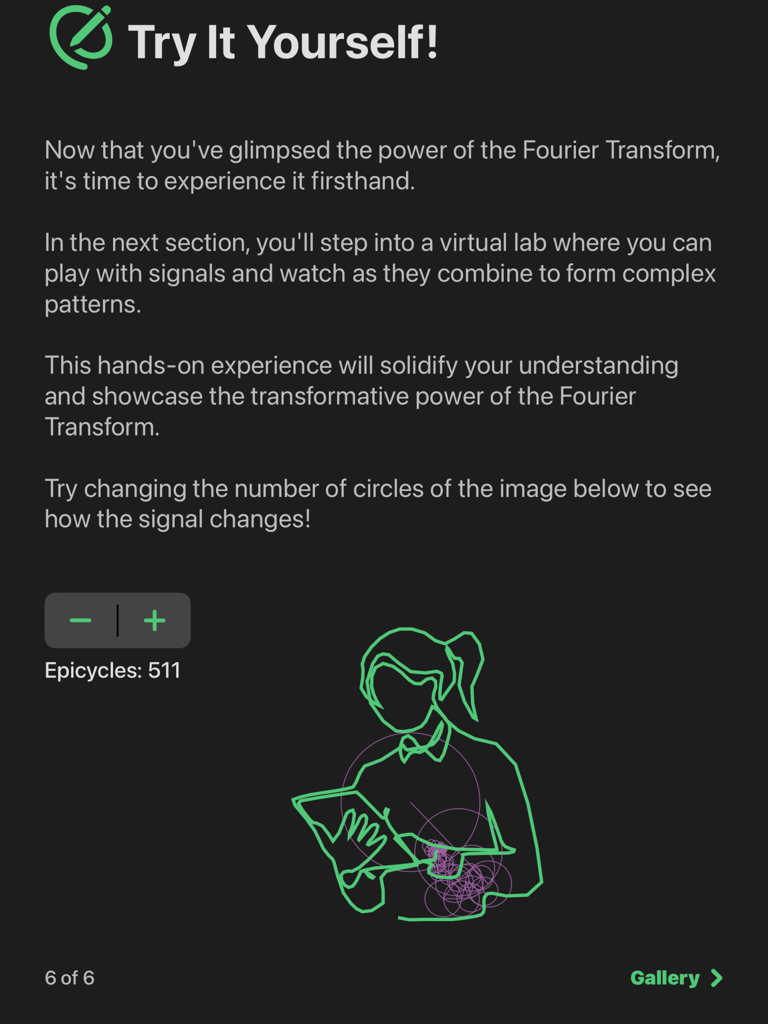 Waveform - A screenshot of the Waveform iPad app showing a hands-on Fourier Transform demonstration where 511 epicycles create a green outline drawing of a person.