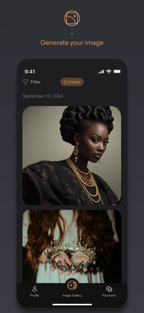 Sibyl AI - Interfaz de la aplicación Sibyl AI mostrando una galería de imágenes de visuales espirituales generados, incluyendo una mujer con joyas doradas y una corona