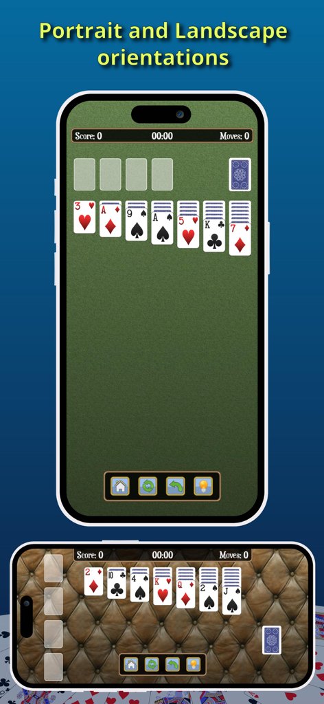 Solitaire [Card Game] - モバイルデバイスで、縦向きと横向きの両方で表示されるソリティアカードゲームのインターフェース。