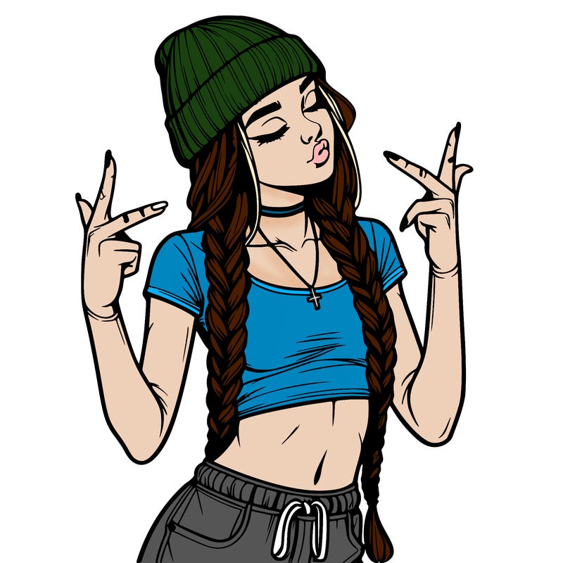 realistic teenage girl with braids and a beanie and crop top doing 🫶🏼
