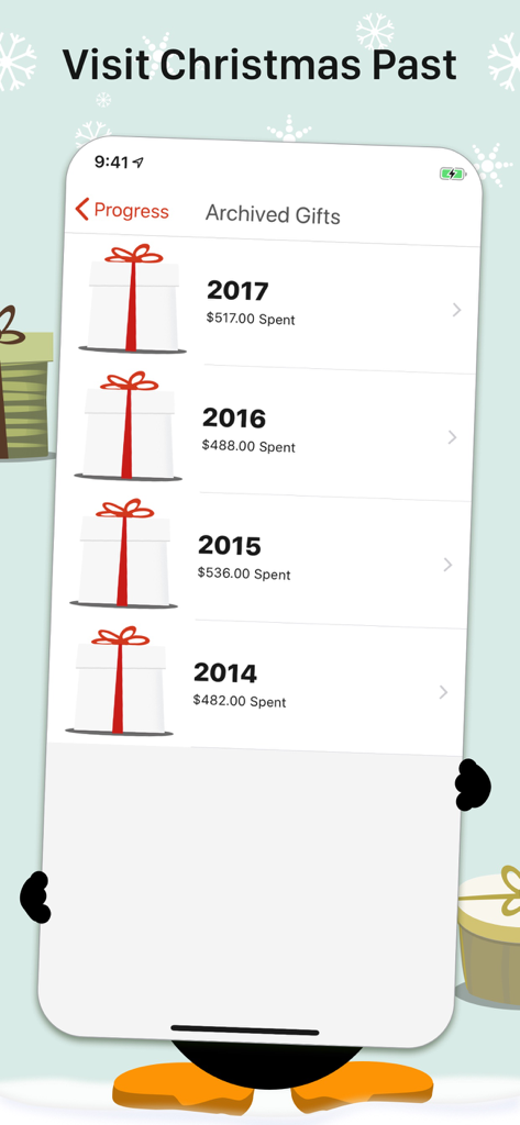 The Christmas List - The Christmas List app screen showing archived gift lists and historical spending for previous years