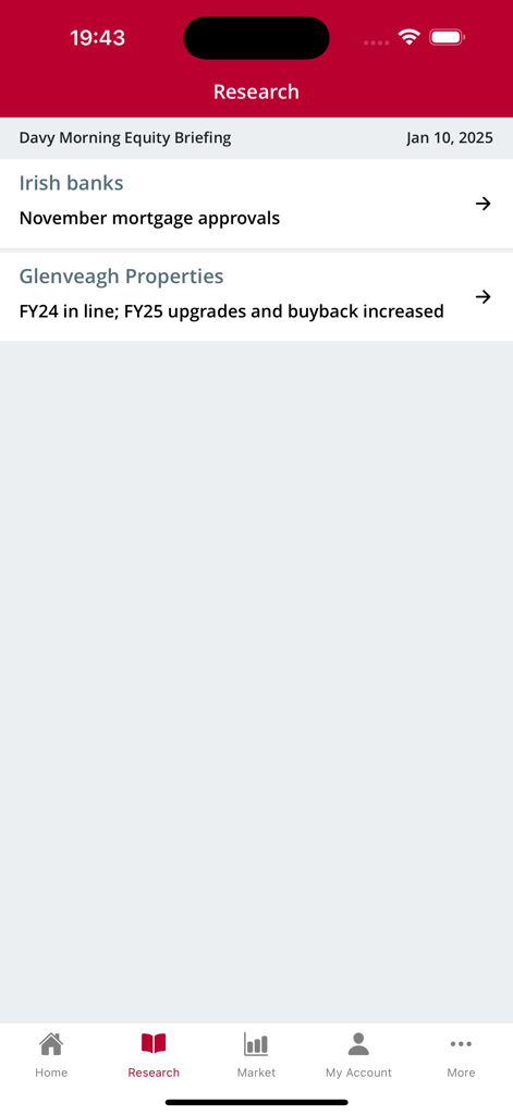 Davy - Pantalla de investigación de la aplicación móvil Davy que muestra informes de acciones diarias e informes financieros sobre bancos y empresas inmobiliarias irlandesas
