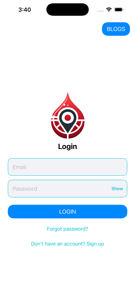 Geoblood - Blood Donation - Página de login do aplicativo de doação de sangue Geoblood mostrando campos de entrada de e-mail e senha