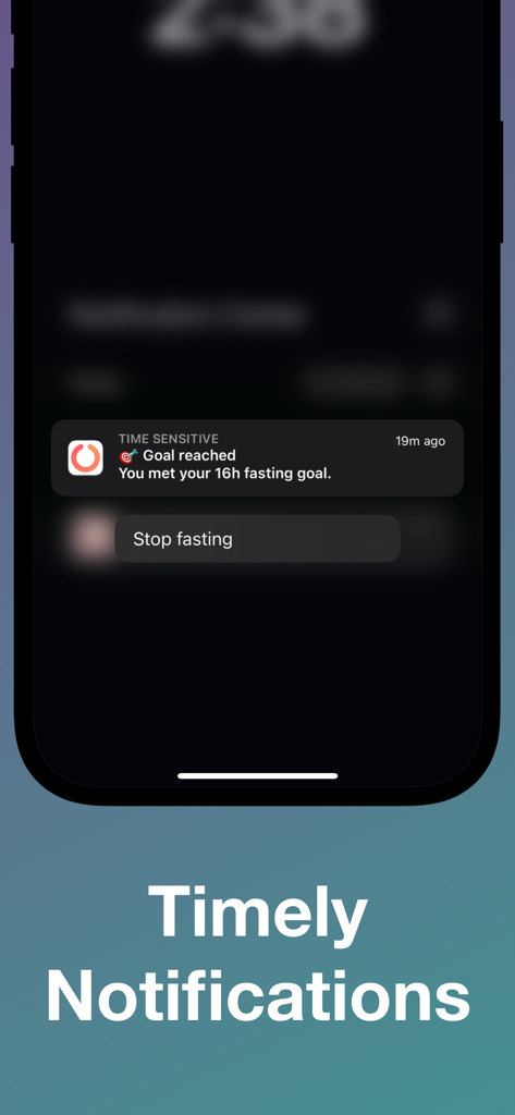 Intermittent Fasting Tracker: - 16時間の断食目標達成に関する時間指定通知を表示するiPhoneのロック画面。