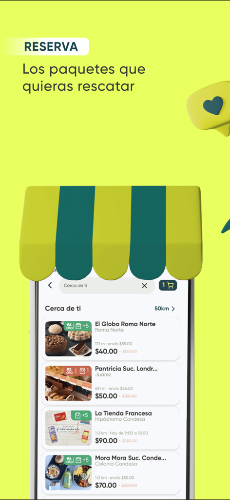 Cheaf: Salva comida y ahorra - Cheafアプリのインターフェースで、予約可能な割引された余剰食品パッケージがある近くの店舗やレストランのリストが表示されている様子