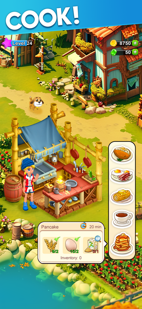 Skyberry Island: Family Farm - Un personaje preparando una receta de panqueques en un puesto de cocina de bambú al aire libre en Skyberry Island Granja Familiar.