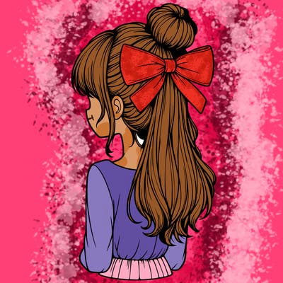 realistic girl  with hip length hair a bun and a big bow on the back of head