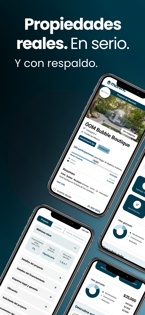 Monific - Screenshots of the Monific app showing real estate investment projects and earnings dashboard.