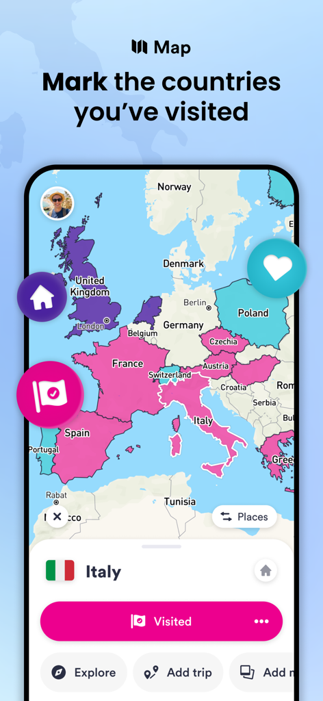 A colorful digital scratch map on a smartphone showing visited countries in Europe with a checkmark on Italy