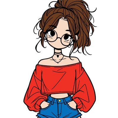 girl with a messy ponytail glasses a baggy crop top and jean shorts