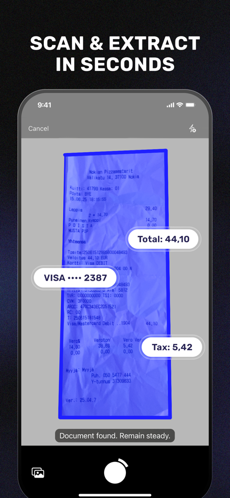 SparkReceipt: Expense Scanner - Interface do aplicativo móvel SparkReceipt digitalizando um recibo e extraindo automaticamente os dados de total e imposto