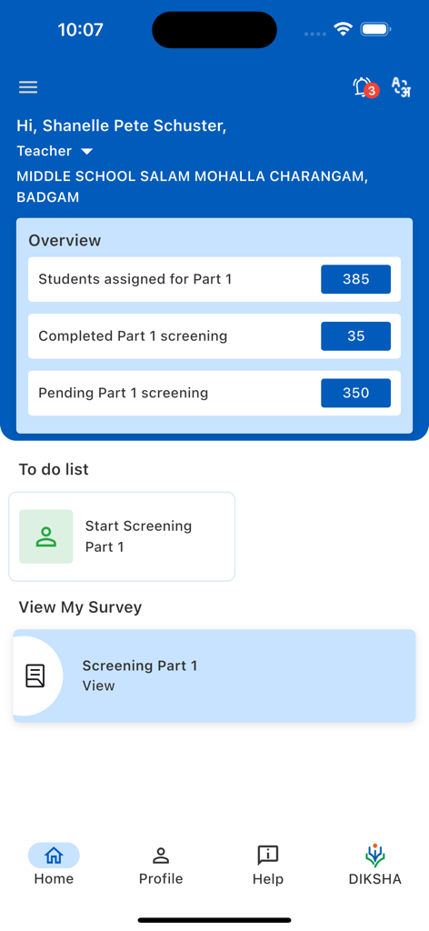 The home screen of the PRASHAST app for teachers showing an overview of student screening progress and tasks.