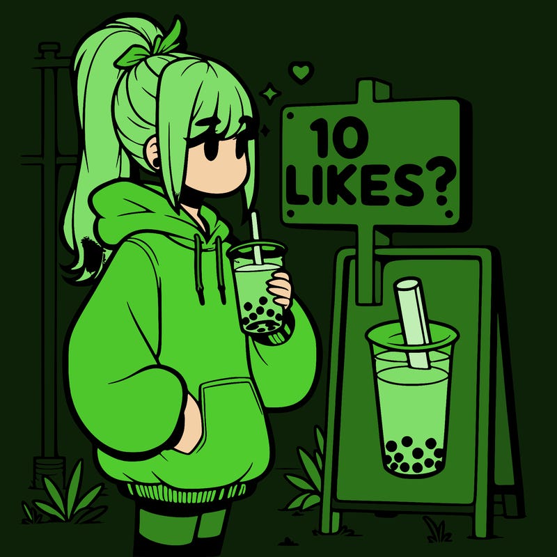 girl with oversized hoodie drinking boba and she has a high ponytail with a sign that says 10likes?