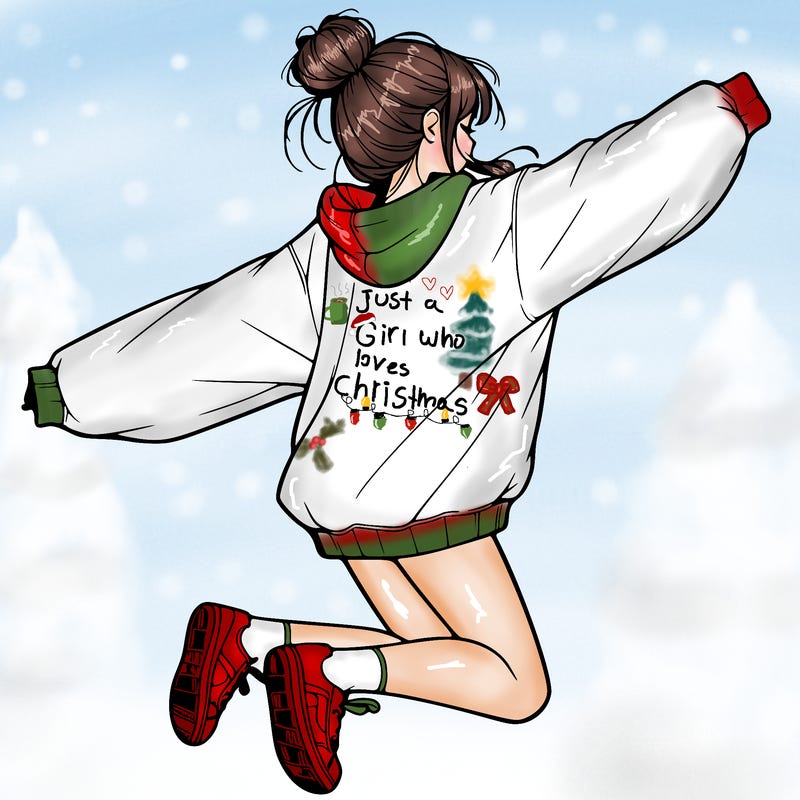 realistic girl jumping with a bun and oversized sweatshirt