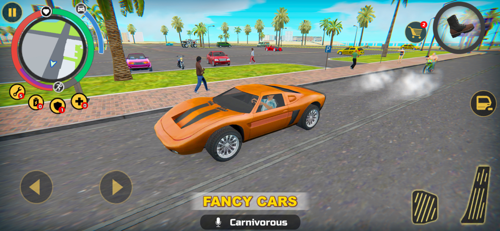 Miami Crime Simulator - A screenshot of Miami Crime Simulator showing an orange sports car in a city environment with a palm tree background