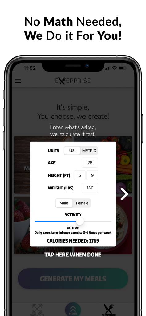 Exerprise Workout Meal Planner - Exerprise app calorie calculator screen showing user statistics input and daily calories needed calculation
