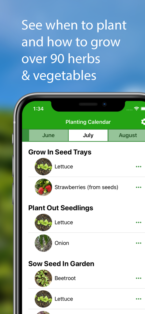 Gardenate app displaying a monthly planting calendar for various vegetables and herbs