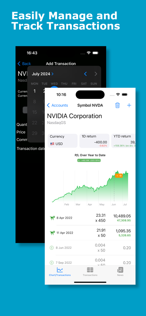 eyeStock - A mobile interface showing stock transaction management and a performance chart for NVIDIA Corporation.