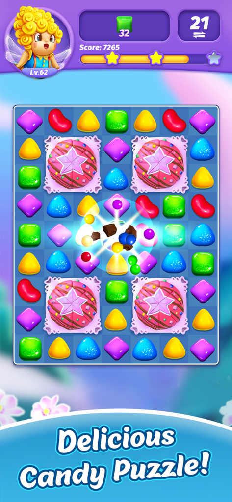 Candy Charming-Match 3 Game - Un colorido tablero de puzles match 3 de Candy Charming con varios caramelos y el personaje de un hada de los caramelos