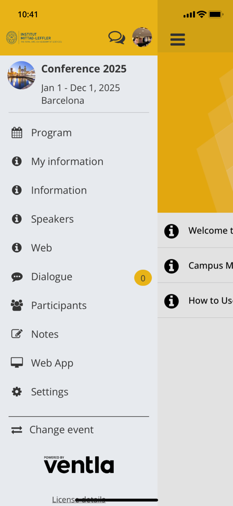 Menú lateral de la aplicación Institut Mittag-Leffler que muestra opciones de eventos académicos como programa y ponentes