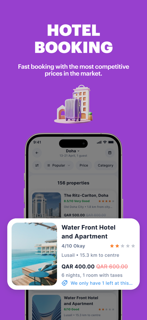 Rafeeq mobile app screen for hotel booking showing property listings and prices in Qatar