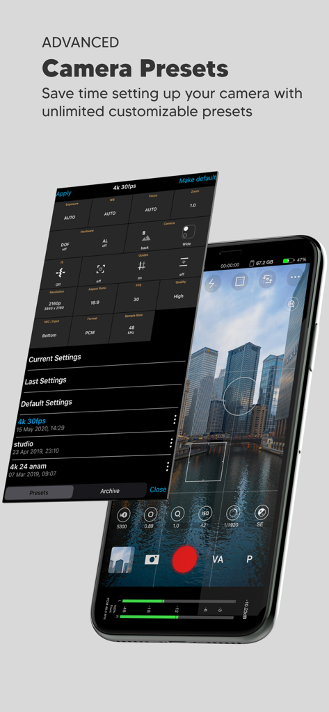 Smartphone screen showing the Beastcam app interface with a customizable camera presets menu overlaying a city skyline view
