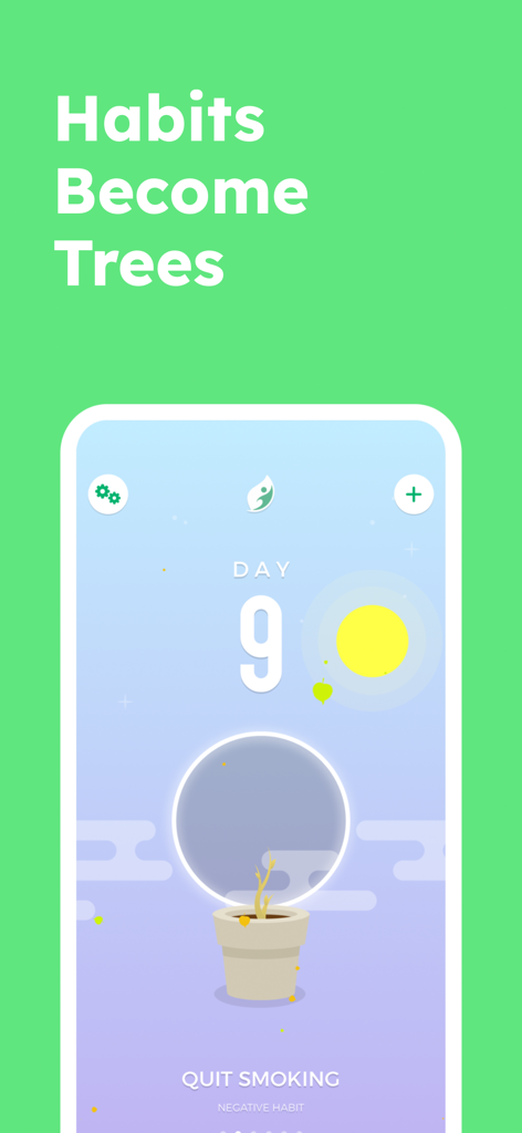 SEEDS - Habit Tracker - Screenshot of SEEDS Habit Tracker app showing a seedling growing in a pot for a nine day quit smoking streak