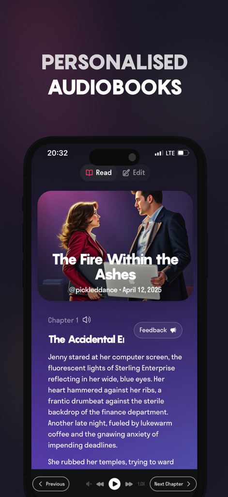 'The Fire Within the Ashes'라는 제목의 로맨스 스토리가 있는 개인화된 오디오북 기능을 보여주는 Dreampress AI 앱 인터페이스
