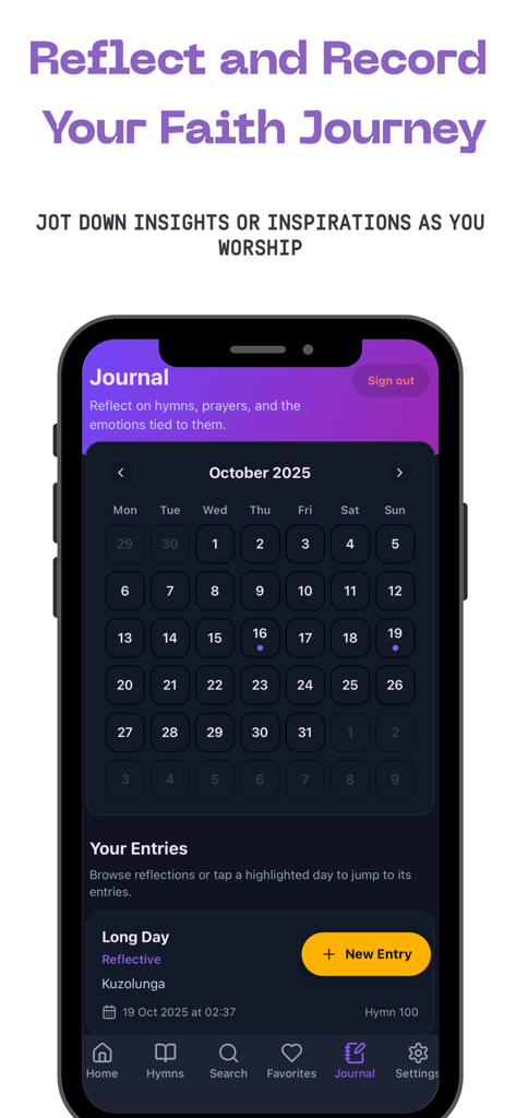Interface of the Icilongo Zulu Hymn Journal showing the prayer and reflection calendar