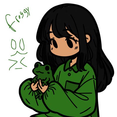 girl with long hair and a oversized shirt. and she is holding a frog