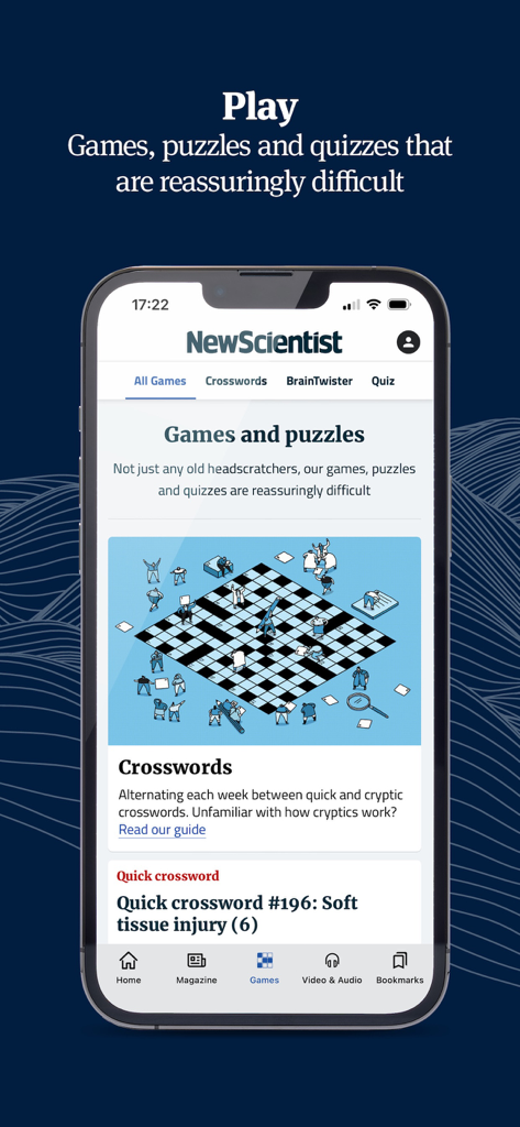 App New Scientist che mostra la sezione giochi e puzzle con cruciverba e rompicapi