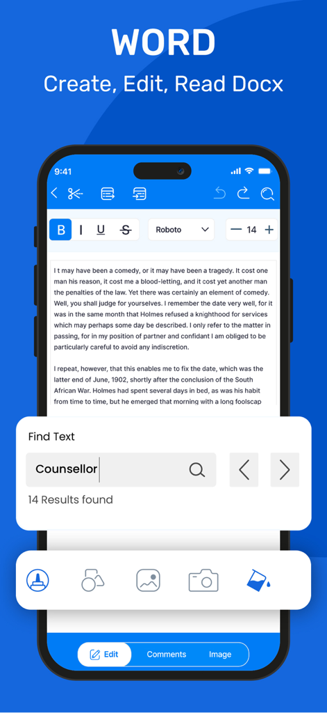 Interface for editing Word documents and searching text on an iPhone