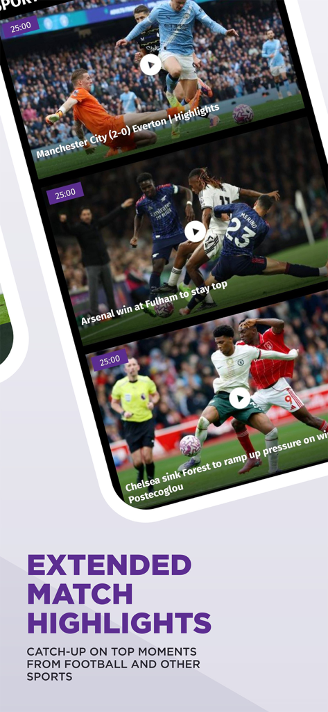 beIN CONNECT (MENA) - beIN CONNECT App-Bildschirm, der erweiterte Spielzusammenfassungen für Fußballspiele zeigt, darunter Manchester City und Arsenal