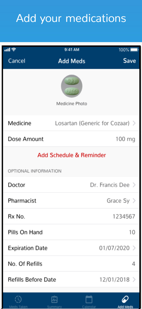 Schermata per l'aggiunta di farmaci con campi per nome del farmaco, dosaggio, medico e monitoraggio della ricarica.