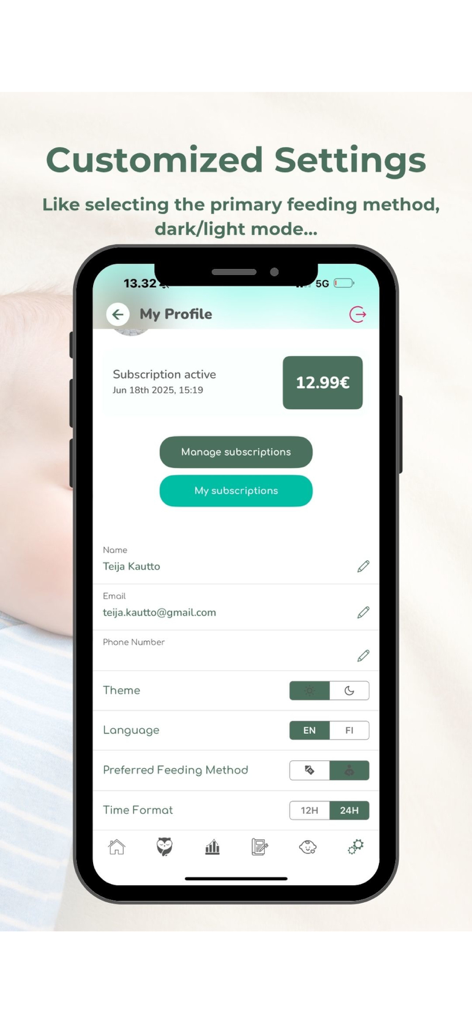 iZzzleep – Baby Sleep Coach - User profile and customized settings screen in the iZzzleep baby sleep app.