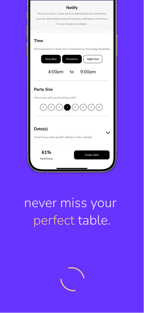 TableOne app interface for creating restaurant reservation notifications and alerts