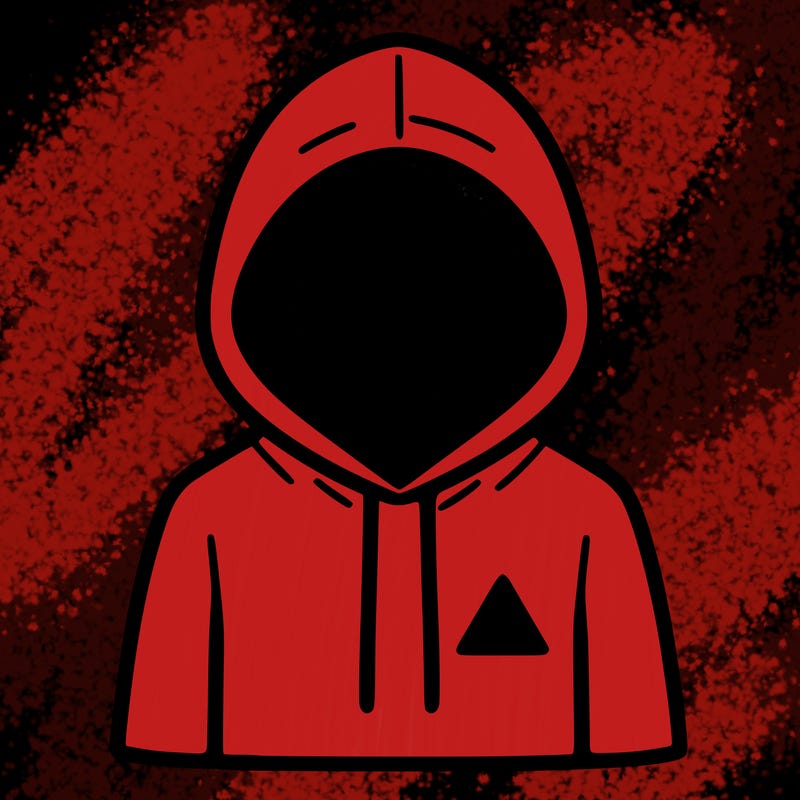 a person with non face waering a hoodie with a small triangle symbol
