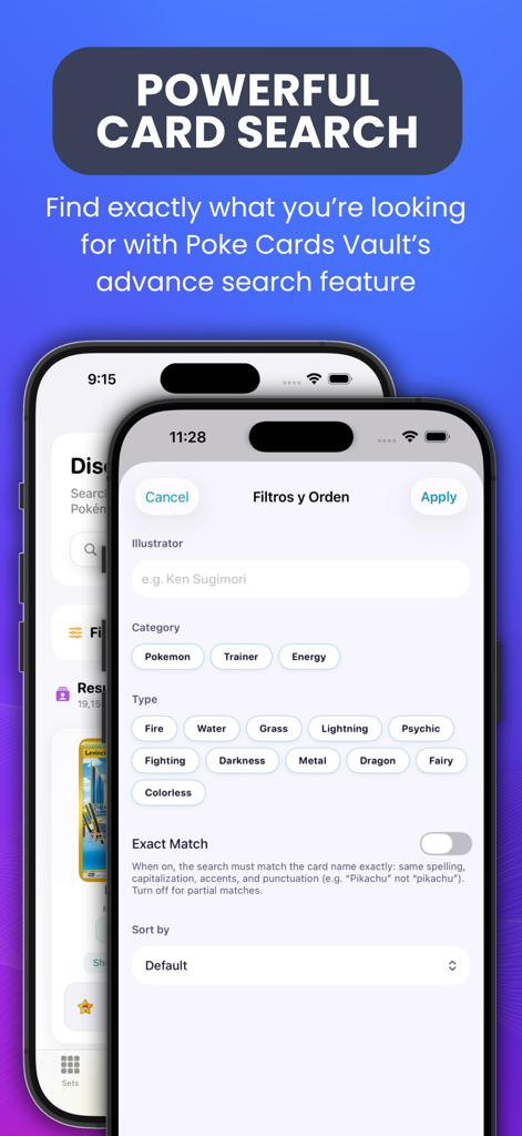 Poke TCG Vault - Card Value - Interfaz avanzada de búsqueda y filtros para cartas de Pokémon en la aplicación móvil Poke TCG Vault