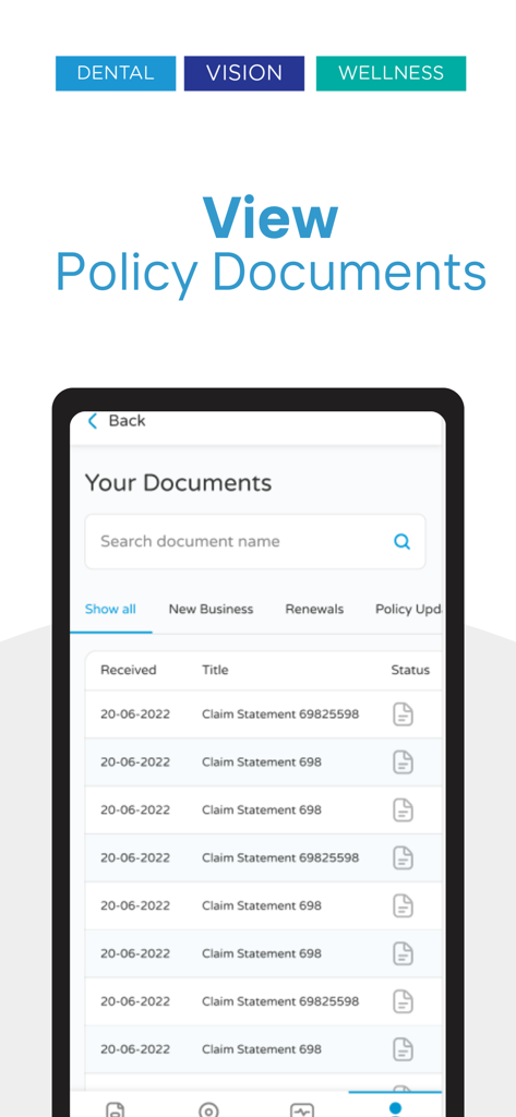 DeCare - Screenshot of the DeCare app showing the view policy documents interface with a list of claim statements.