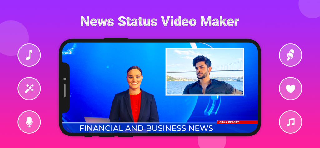Breaking News Video Maker - Una pantalla de smartphone mostrando una plantilla de vídeo de noticias financieras y empresariales con un presentador y una foto de un invitado.