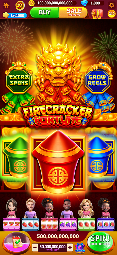 Schermata del gioco di slot Jackpot Tycoon Firecracker Fortune con temi di leone d'oro e petardi, con avatar di più giocatori